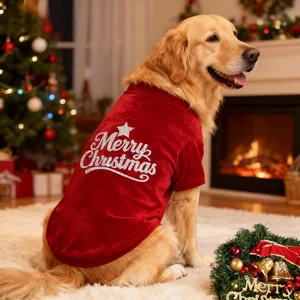 Large dog Christmas velvet red clothes pet apparel detail shot with festive holiday design