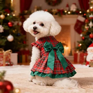 Adorable pet dog Christmas plaid dress with big green bow, festive holiday pet costume.