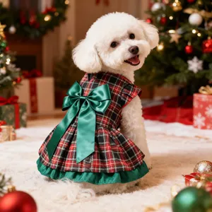 Cute Christmas plaid dog dress featuring a green satin bow and festive holiday design for pets.