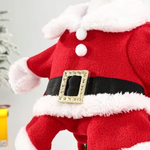 Gros plan sur le costume de Noël pour oie en polaire rouge, bordure en peluche blanche et boucle dorée.