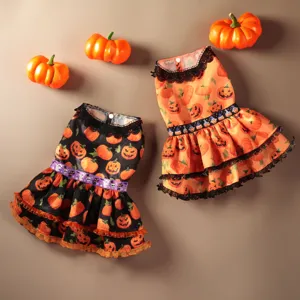 Halloween pet dog dress with cute pumpkin lace design, perfect for small and medium dogs.