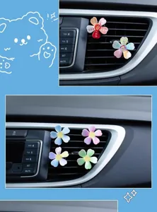 Close-up detail of cute rotating pinwheel car air vent aromatherapy clip for vehicle interior.