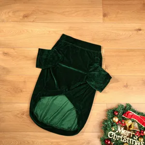 Green velvet pet Christmas clothes for large dogs, soft winter warm dog apparel and holiday costume.