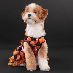 Halloween pet dog dress pumpkin lace skirt for small dogs detail view costume puppy.