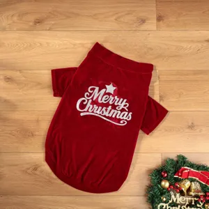 Red velvet Christmas pet clothes for large dogs, cozy holiday pet apparel with glitter text detail.