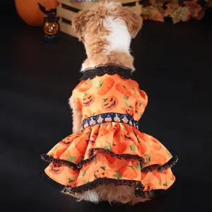 Detail view of Halloween pet dog pumpkin lace dress, cute costume for medium small dogs.