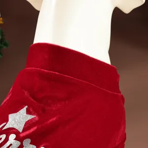 Red velvet pet Christmas clothes detail for large dogs with sparkly silver star print.