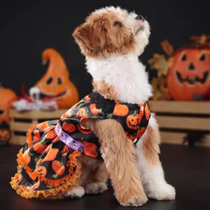 Halloween dog dress pumpkin lace skirt for small and medium dogs pet apparel costume detail view.