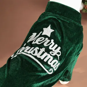 Detailed view of the green velvet pet christmas clothes for large dogs with glittering text.