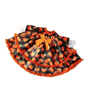 Halloween porch goose dress with pumpkin print orange ruffles and bow decorative outfit.