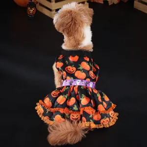Halloween dog dress pumpkin print lace pet apparel for small medium dogs costume back view