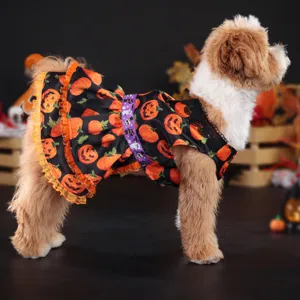 Halloween pet dog dress with cute pumpkin print lace trim and spooky purple ribbon details.