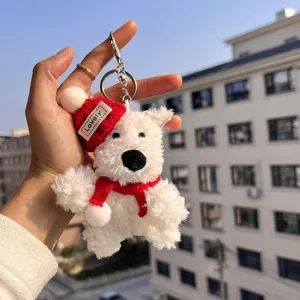 Cute West Highland White Terrier plush keychain, fluffy puppy bag charm with red hat and scarf.