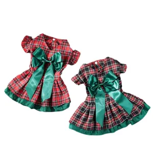 Christmas plaid dog dress with green bow, perfect holiday pet apparel for cute dogs.