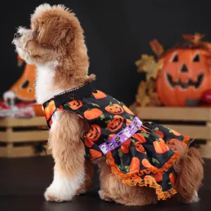 Halloween dog dress with pumpkin print, black lace trim and cute costume for small dogs.