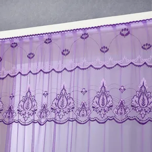 Purple lace sheer curtain detail showing elegant embroidery patterns for home room decor.