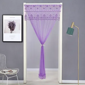 Purple lace gauze door curtain with embroidery top valance, elegant home partition.