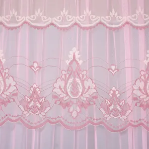 Pink lace curtain detail, elegant floral pattern, sheer mesh fabric for home decor.