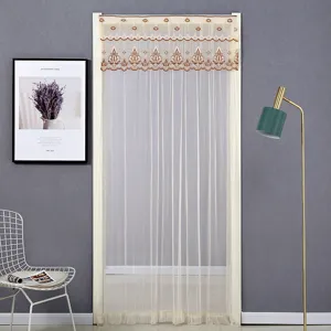 Beige lace mesh door curtain, breathable room partition curtain for bedroom living room.
