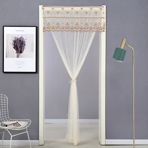 Beige lace door curtain with brown embroidery chic mesh partition curtain for home bedroom decor