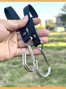 Stainless steel electric vehicle hook detail, dual hook design with strong black strap.