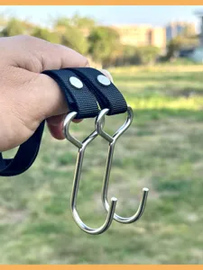 Stainless steel electric scooter hook detail view, universal double metal hanging hooks with black straps.