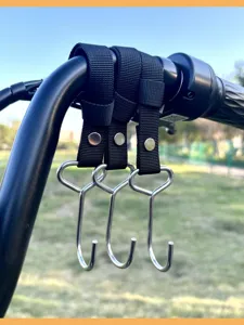 Stainless steel hook detail, black nylon strap, handlebar mount for bike and electric scooter.
