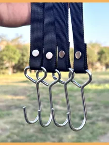 Stainless steel electric vehicle hook detail showing durable metal S-hook and strong nylon strap.