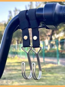 Stainless steel electric vehicle handlebar double hook, durable nylon strap utility storage hanger.