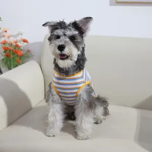 Cute striped dog vest detail shot, breathable summer pet clothes for small dogs puppy wear.