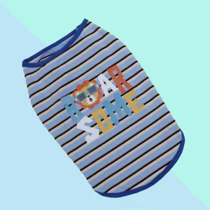 Detail view of the cute striped pet vest featuring a fun lion print. Perfect for small dogs.