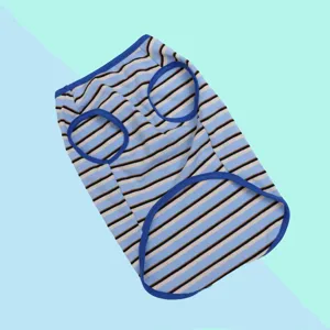 Close-up detail of the striped pet dog vest, showing soft knit fabric and blue trim.