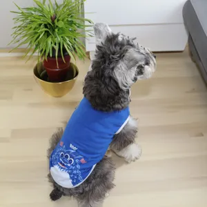 Spring summer pet vest with cute little monster print, blue breathable dog clothing.