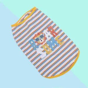Detailed view of colorful striped pet vest with cute lion graphic print and yellow trim edges.