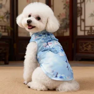 Detailed view of cute pet dog qipao dress summer style blue floral pet apparel for small dogs.
