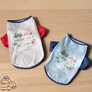 Cute cartoon car pet vest for summer, breathable dog and cat clothes with cool design.