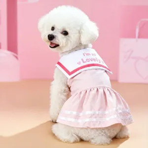 Cute summer pet dog dress with sailor collar and pink skirt breathable comfortable wear