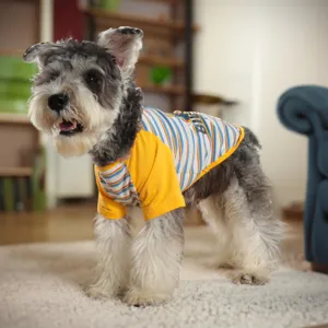Summer breathable striped pet t-shirt for small dogs, cute yellow and blue puppy clothes.