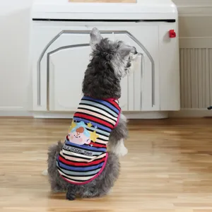 Detailed view of pet striped cartoon vest, cute dog apparel for spring and summer seasons.