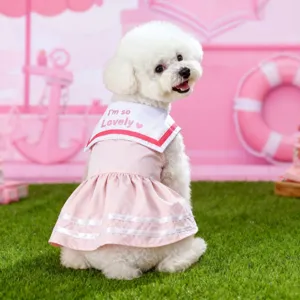 Cute summer pet sailor dress for small dogs and cats, breathable comfortable pink skirt main view.