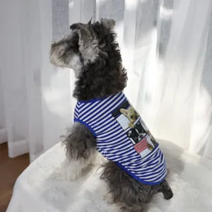 Breathable striped pet vest for small dogs in summer, cute cartoon dog print design.