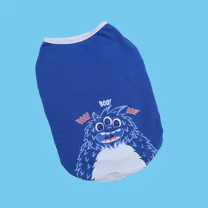 Blue pet dog vest detail, cute monster graphic print, soft breathable fabric for summer.