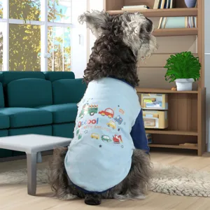 Cute pet summer clothes vest with cartoon cars, breathable fabric for dogs and cats daily wear.
