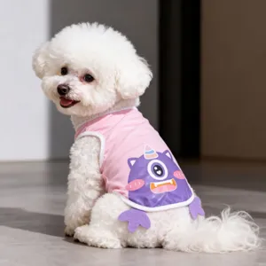 Cute summer dog vest for small dogs, breathable thin pink pet clothing with cartoon monster print.