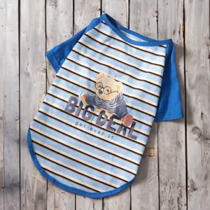 Detail view of breathable striped summer pet t-shirt for small dogs, cute bear print.