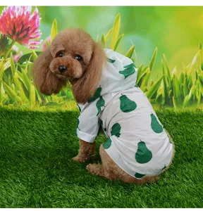 Cute pear pattern pet summer sunscreen shirt detail view, breathable hooded dog clothes.