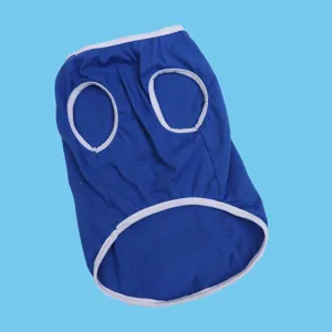 Blue pet dog vest with white trim, comfortable sleeveless summer apparel for small cats and dogs.