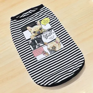Detailed view of the black white striped dog vest with cute comic French bulldog prints.