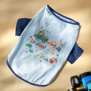 Cute cartoon car print pet vest for spring and summer, comfortable blue pet clothing.