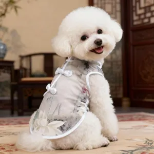 Detailed view of the elegant pet summer cheongsam dress showing lotus print and buttons.